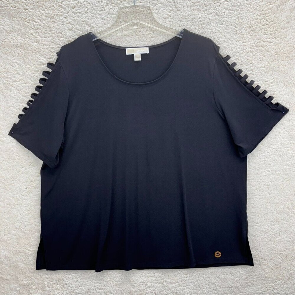 Michael Kors Shirt Crew Neck Ladder Cut Short Sleeve Black 2X Blouse Top Stretch